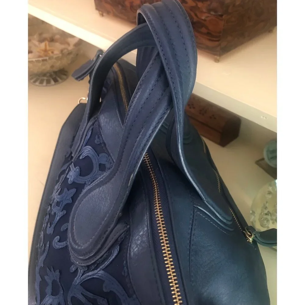 Blue Vachetta Scroll Leather & Lace Satchel Tote Bag - Picture 5 of 14